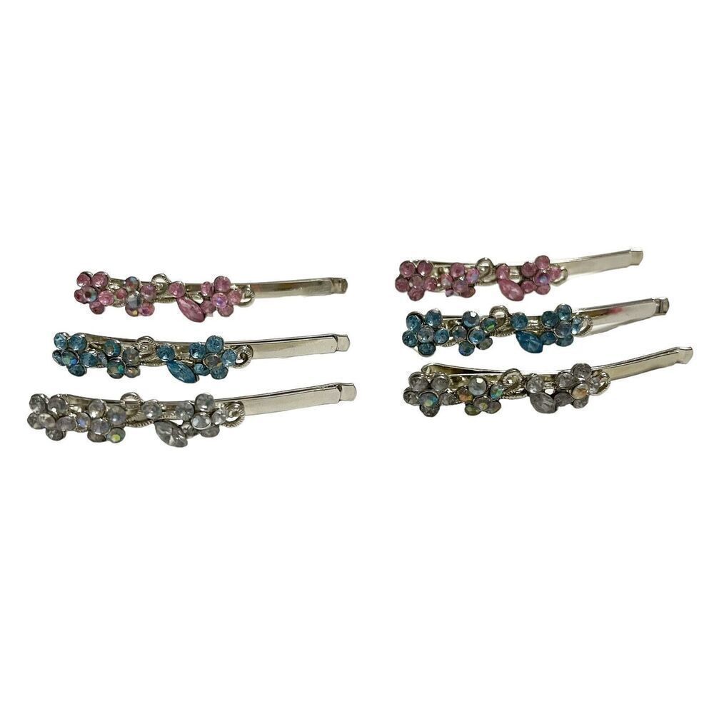 Lot of 6 Metal Bobby Pins Rhinestone Flower Colorful Matching Sets 90s Y2K